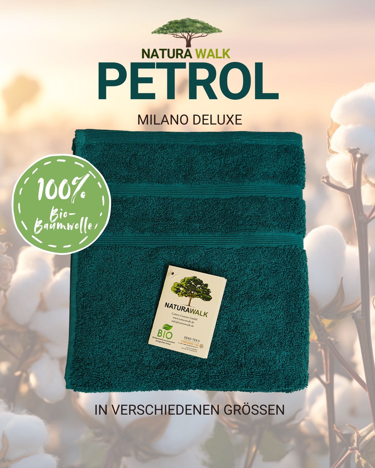 Ein Handtuch von NATURAWALK aus 100 Prozent Bio-Baumwolle in der Farbe Petrol. Modell Milano Deluxe Petrol. 