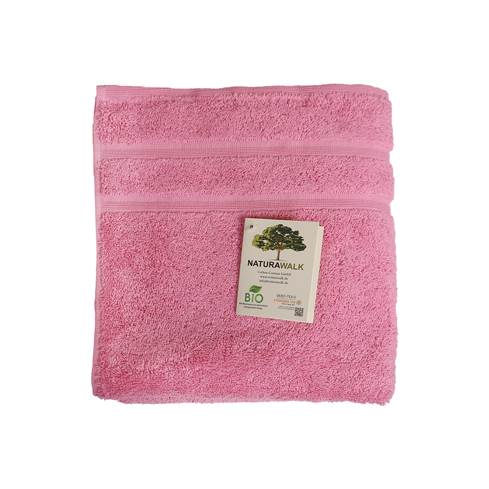 Ein Handtuch von NATURAWALK aus 100 Prozent Bio-Baumwolle in der Groesse 50x100cm. Farbe Rosa. Modell Milano Deluxe Pink.
