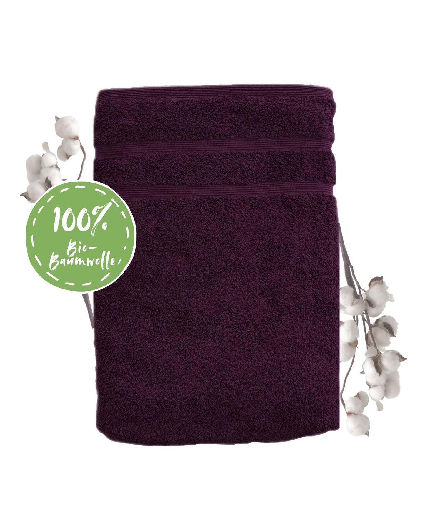 Duschtuch in der Groesse 70x140cm und Badetuch in der Groesse 100x150cm von NATURAWALK aus 100 Prozent Bio-Baumwolle. Farbe Lila. Modell Milano Deluxe Plum.