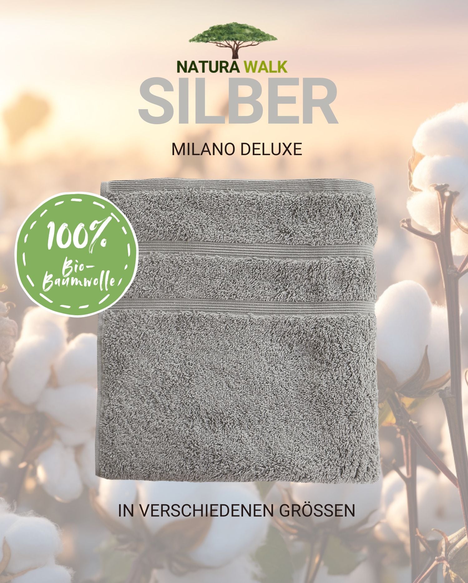 Ein Handtuch von NATURAWALK aus 100 Prozent Bio-Baumwolle in der Farbe Silber. Modell Milano Deluxe Silber. 