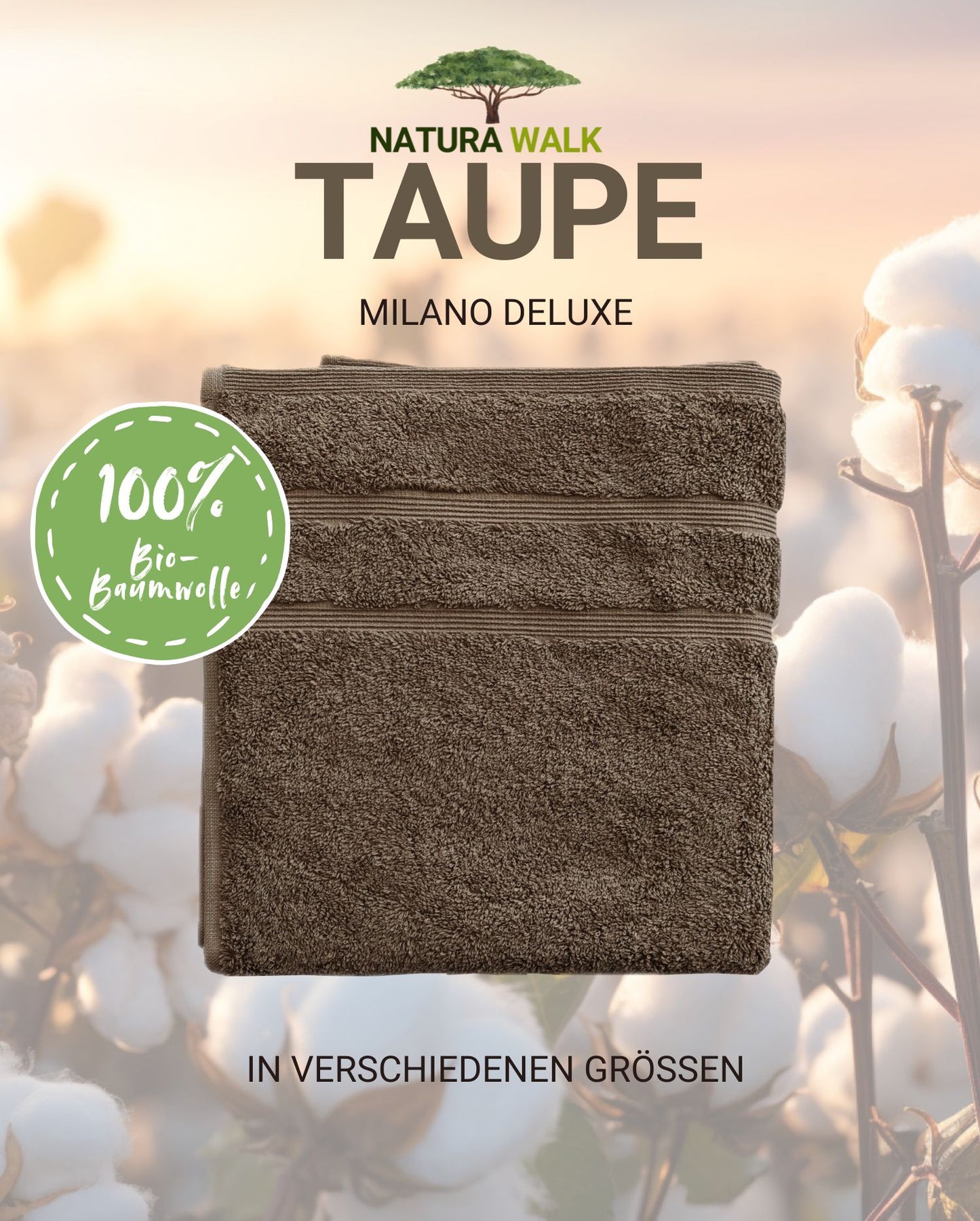 Ein Handtuch von NATURAWALK aus 100 Prozent Bio-Baumwolle in der Farbe Taupe. Modell Milano Deluxe Taupe. 
