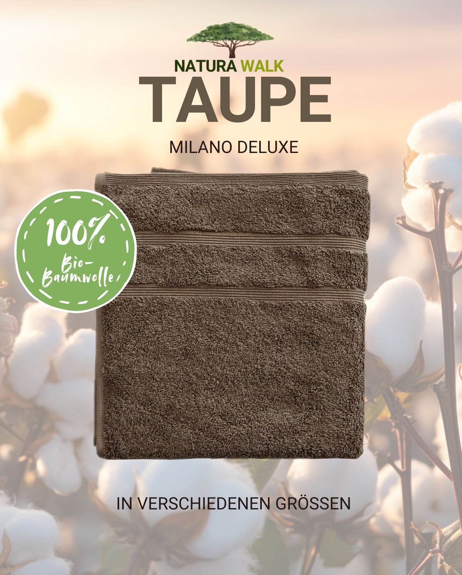Ein Handtuch von NATURAWALK aus 100 Prozent Bio-Baumwolle in der Farbe Taupe. Modell Milano Deluxe Taupe. 