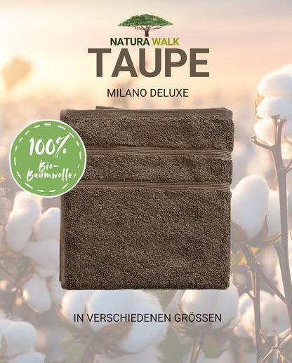 Ein Handtuch von NATURAWALK aus 100 Prozent Bio-Baumwolle in der Farbe Taupe. Modell Milano Deluxe Taupe. 