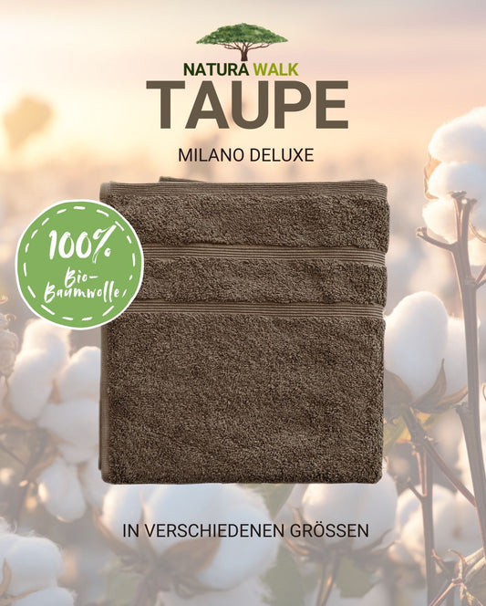 Ein Handtuch von NATURAWALK aus 100 Prozent Bio-Baumwolle in der Farbe Taupe. Modell Milano Deluxe Taupe. 