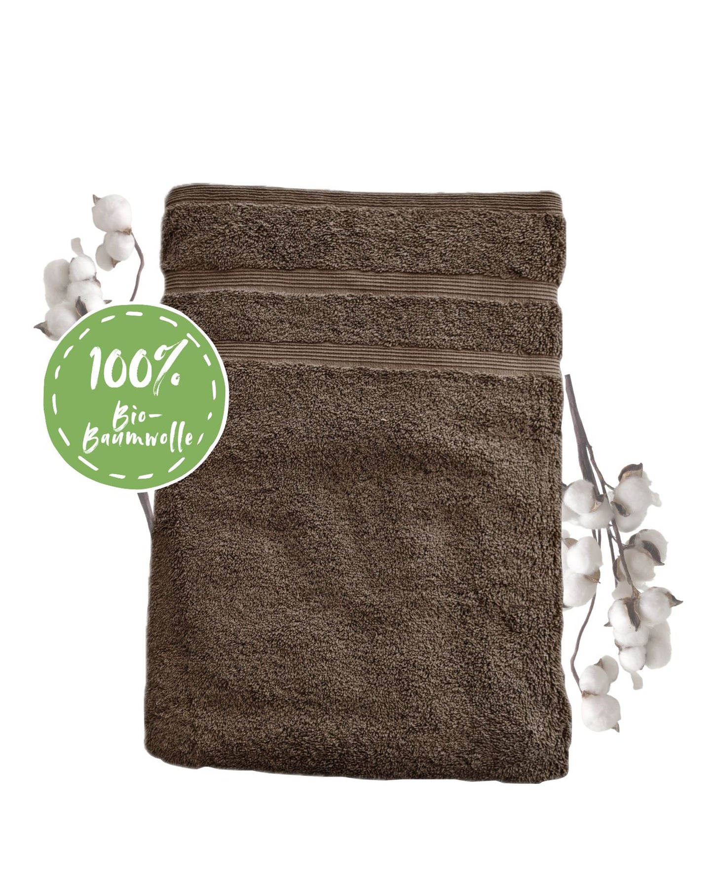 Duschtuch in der Groesse 70x140cm und Badetuch in der Groesse 100x150cm von NATURAWALK aus 100 Prozent Bio-Baumwolle. Farbe Taupe. Modell Milano Deluxe Taupe.