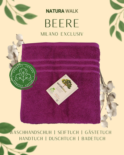 Ein Handtuch von NATURAWALK aus 100 Prozent Bio-Baumwolle in der Farbe Lila. Modell Milano Exclusiv Beere. 