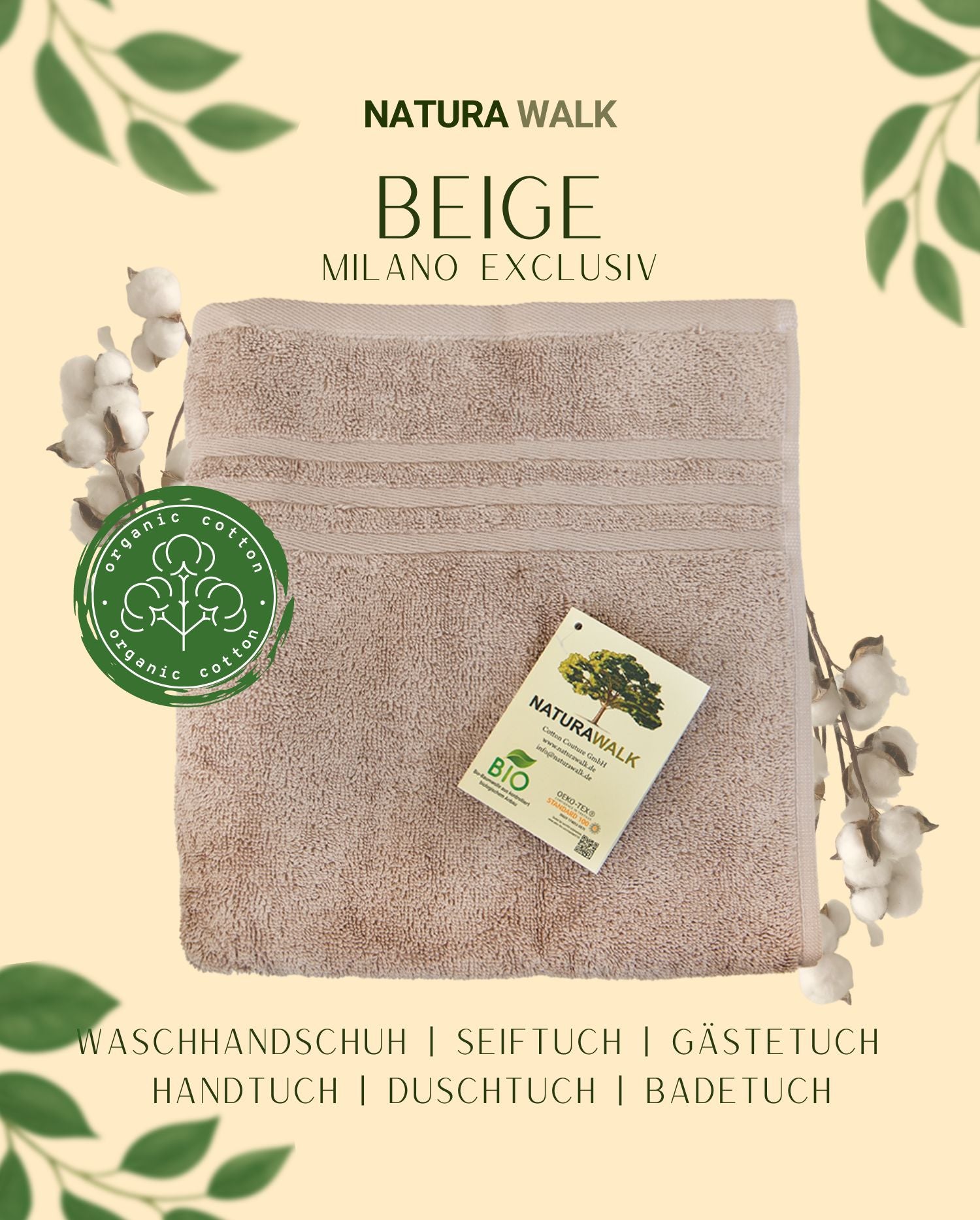 Ein Handtuch von NATURAWALK aus 100 Prozent Bio-Baumwolle in der Farbe Beige. Modell Milano Exclusiv Beige. 