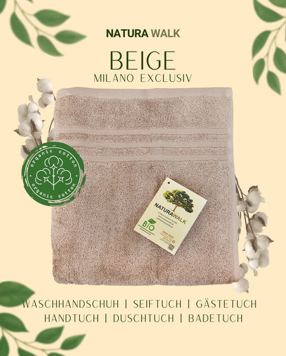 Ein Handtuch von NATURAWALK aus 100 Prozent Bio-Baumwolle in der Farbe Beige. Modell Milano Exclusiv Beige. 