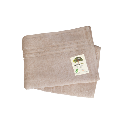 Duschtuch in der Groesse 70x140cm und Badetuch in der Groesse 100x150cm von NATURAWALK aus 100 Prozent Bio-Baumwolle. Farbe Beige. Modell Milano Exclusiv Beige.