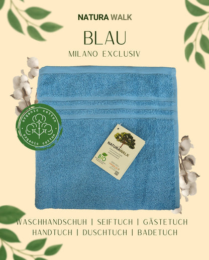 Ein Handtuch von NATURAWALK aus 100 Prozent Bio-Baumwolle in der Farbe Blau. Modell Milano Exclusiv Blau. 