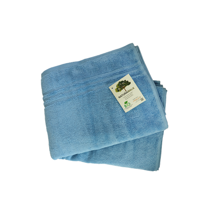 Duschtuch in der Groesse 70x140cm und Badetuch in der Groesse 100x150cm von NATURAWALK aus 100 Prozent Bio-Baumwolle. Farbe Blau. Modell Milano Exclusiv Blau.