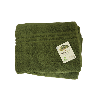 Duschtuch in der Groesse 70x140cm und Badetuch in der Groesse 100x150cm von NATURAWALK aus 100 Prozent Bio-Baumwolle. Farbe Gruen. Modell Milano Exclusiv Cypress.