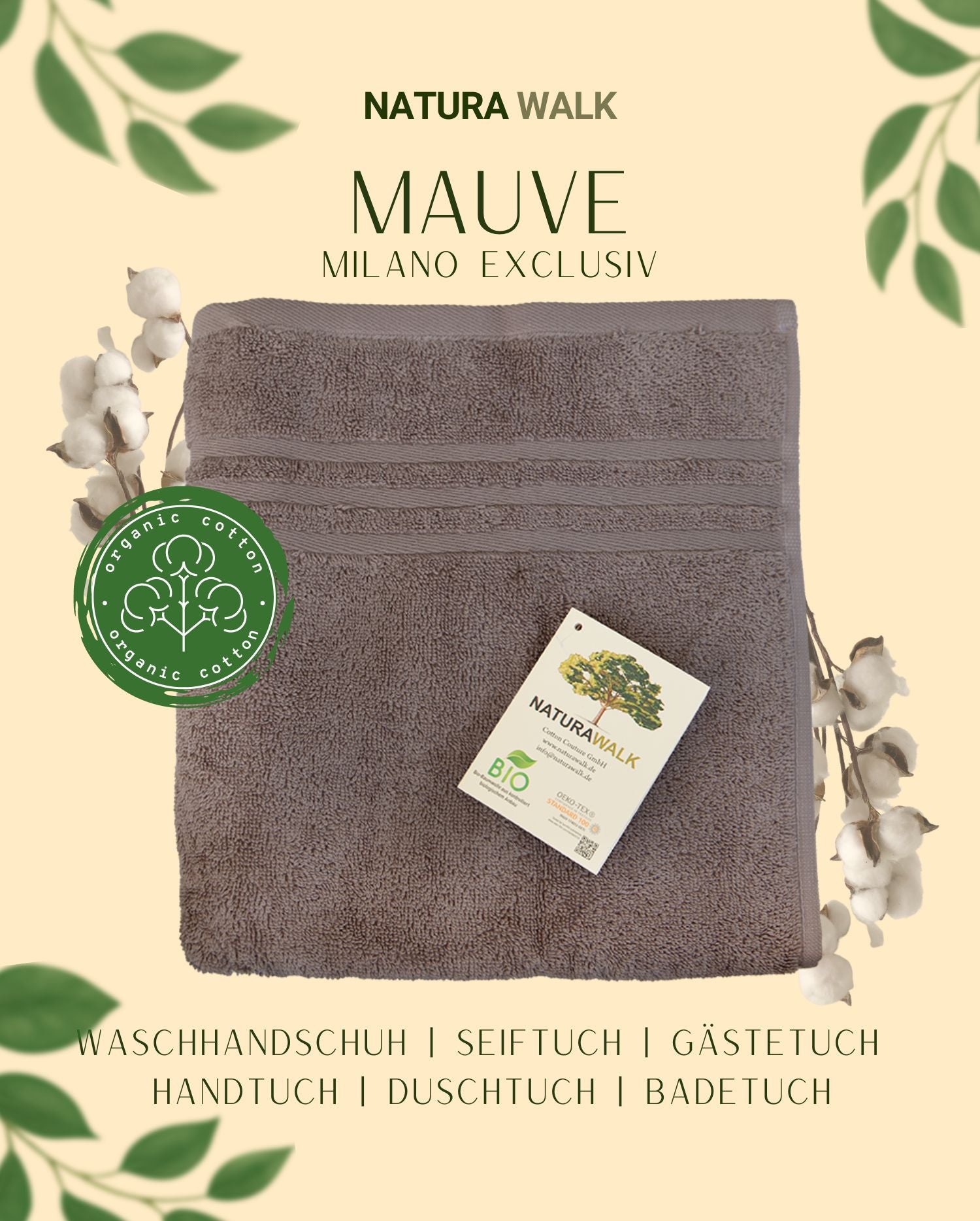 Ein Handtuch von NATURAWALK aus 100 Prozent Bio-Baumwolle in der Farbe Taupe. Modell Milano Exclusiv Mauve. 