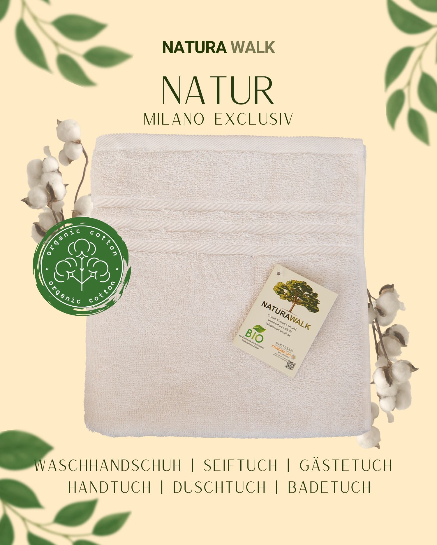 Ein Handtuch von NATURAWALK aus 100 Prozent Bio-Baumwolle in der Farbe Beige. Modell Milano Exclusiv Natur. 