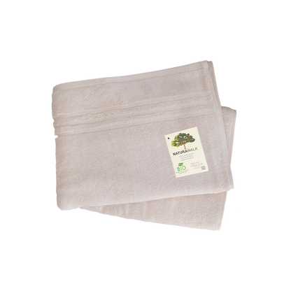 Duschtuch in der Groesse 70x140cm und Badetuch in der Groesse 100x150cm von NATURAWALK aus 100 Prozent Bio-Baumwolle. Farbe Beige. Modell Milano Exclusiv Natur.