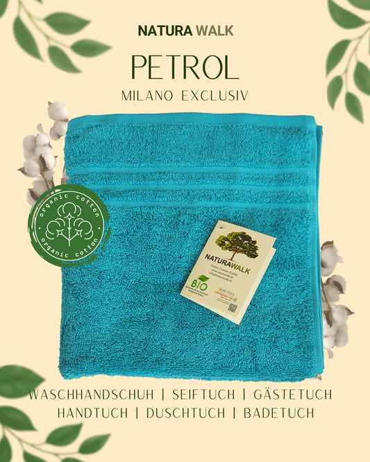 Ein Handtuch von NATURAWALK aus 100 Prozent Bio-Baumwolle in der Farbe Tuerkis. Modell Milano Exclusiv Petrol. 