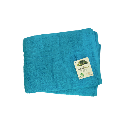 Duschtuch in der Groesse 70x140cm und Badetuch in der Groesse 100x150cm von NATURAWALK aus 100 Prozent Bio-Baumwolle. Farbe Tuerkis. Modell Milano Exclusiv Petrol.