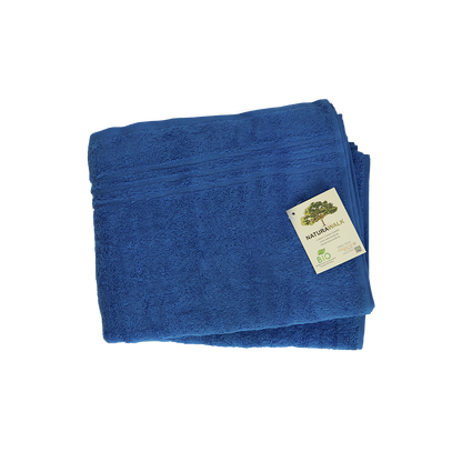 Duschtuch in der Groesse 70x140cm und Badetuch in der Groesse 100x150cm von NATURAWALK aus 100 Prozent Bio-Baumwolle. Farbe Blau. Modell Milano Exclusiv Royalblau.
