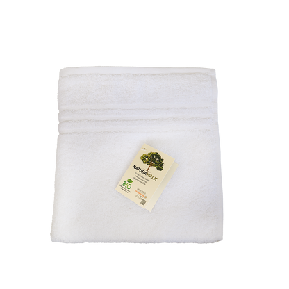 Ein Handtuch von NATURAWALK aus 100 Prozent Bio-Baumwolle in der Groesse 50x100cm. Farbe Weiss. Modell Milano Exclusiv Weiss.