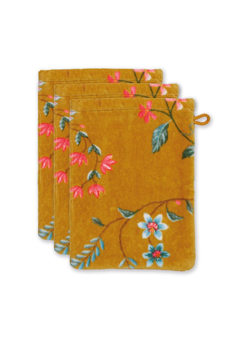Ein Waschhandschuh von PIP STUDIO aus 100 Prozent Baumwolle in der Groesse 16x21cm mit Muster aus Blumen. Farbe Gelb. Modell Les Fleurs Yellow.