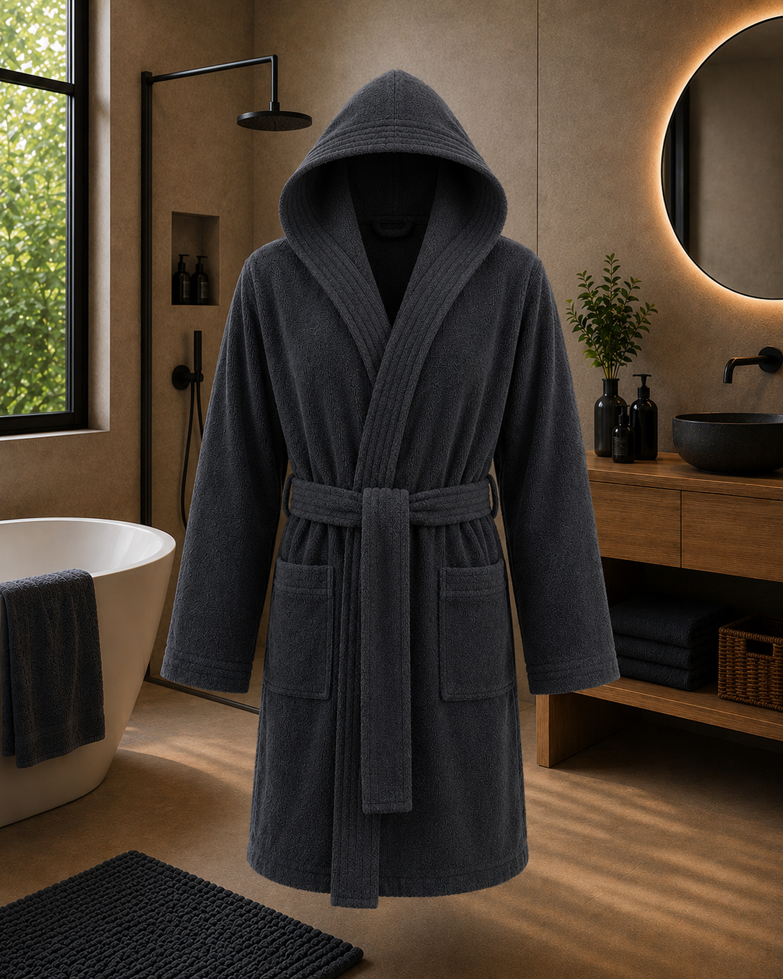 Kimono | kurzer Bademantel mit Kapuze | LIST | Cinza / Anthrazit | Herren | 100% Baumwolle