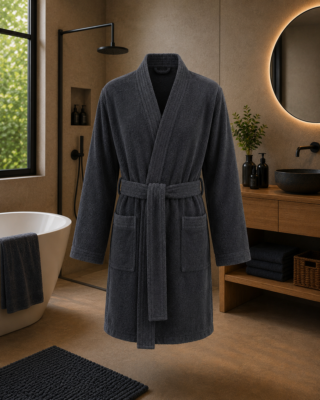 Kimono | kurzer Bademantel ohne Kapuze | LIST | Cinza / Anthrazit | Herren | 100% Baumwolle