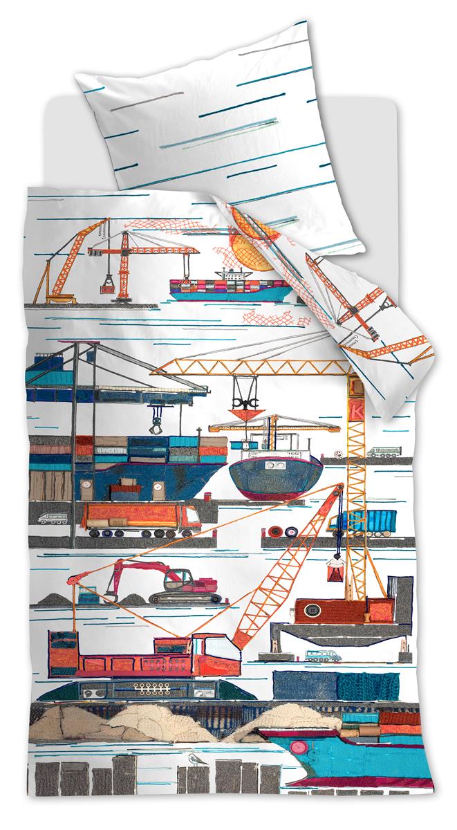 Ein Kopfkissen und eine Bettdecke bezogen mit kuscheliger beddinghouse Bettwaesche aus 100 Prozent Baumwolle mit Illustrationen von Walstieren in der Farbe Blau. Modell Hafen.