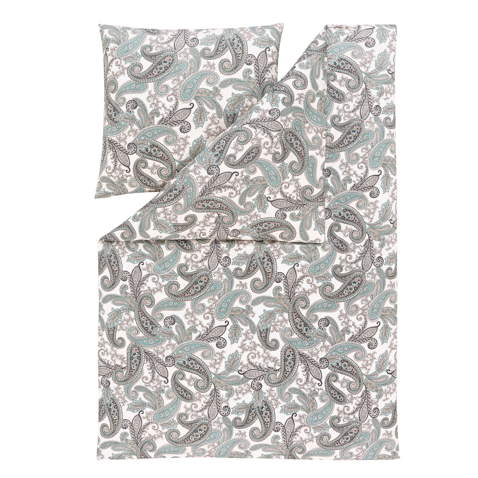 Ein Kopfkissen und eine Bettdecke bezogen mit Mako-Interlock-Jersey Bettwaesche mit einem Muster aus Blueten in der Farbe Mint. Modell Amadeus Mint.