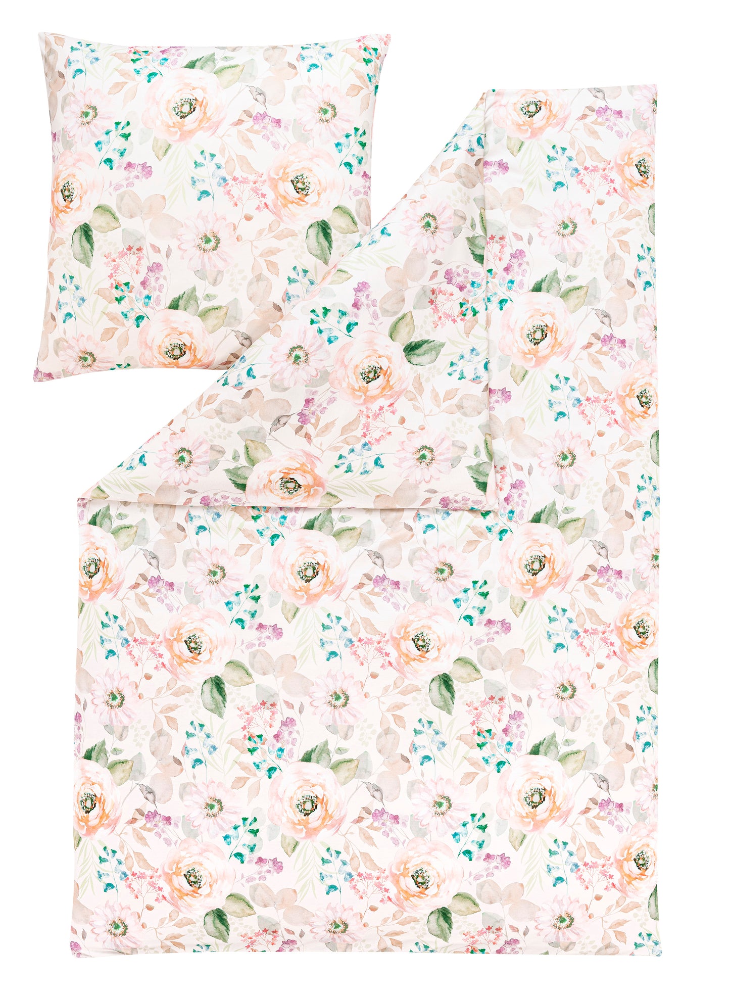 Ein Kopfkissen und eine Bettdecke bezogen mit Mako-Interlock-Jersey Bettwaesche mit einem Muster aus Blumen in der Farbe Rosa. Modell Britta Puder.