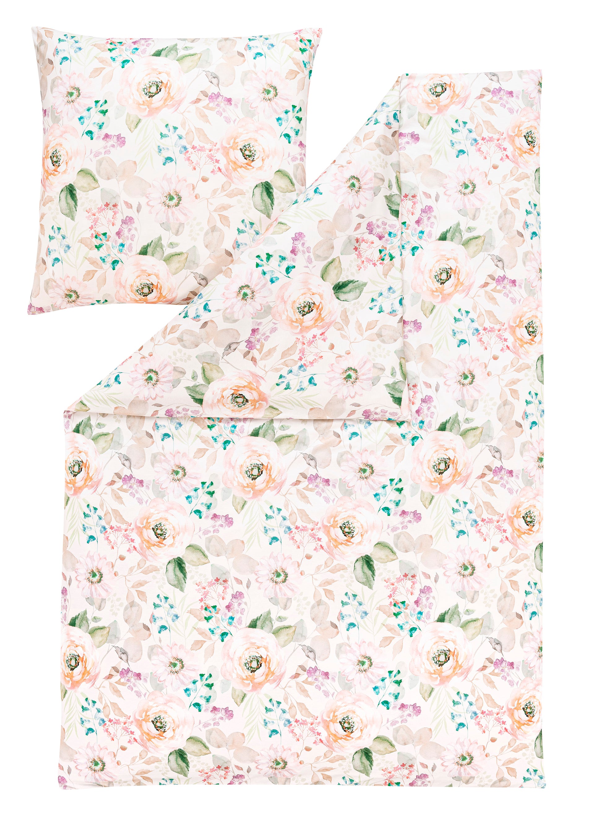 Ein Kopfkissen und eine Bettdecke bezogen mit Mako-Interlock-Jersey Bettwaesche mit einem Muster aus Blumen in der Farbe Rosa. Modell Britta Puder.