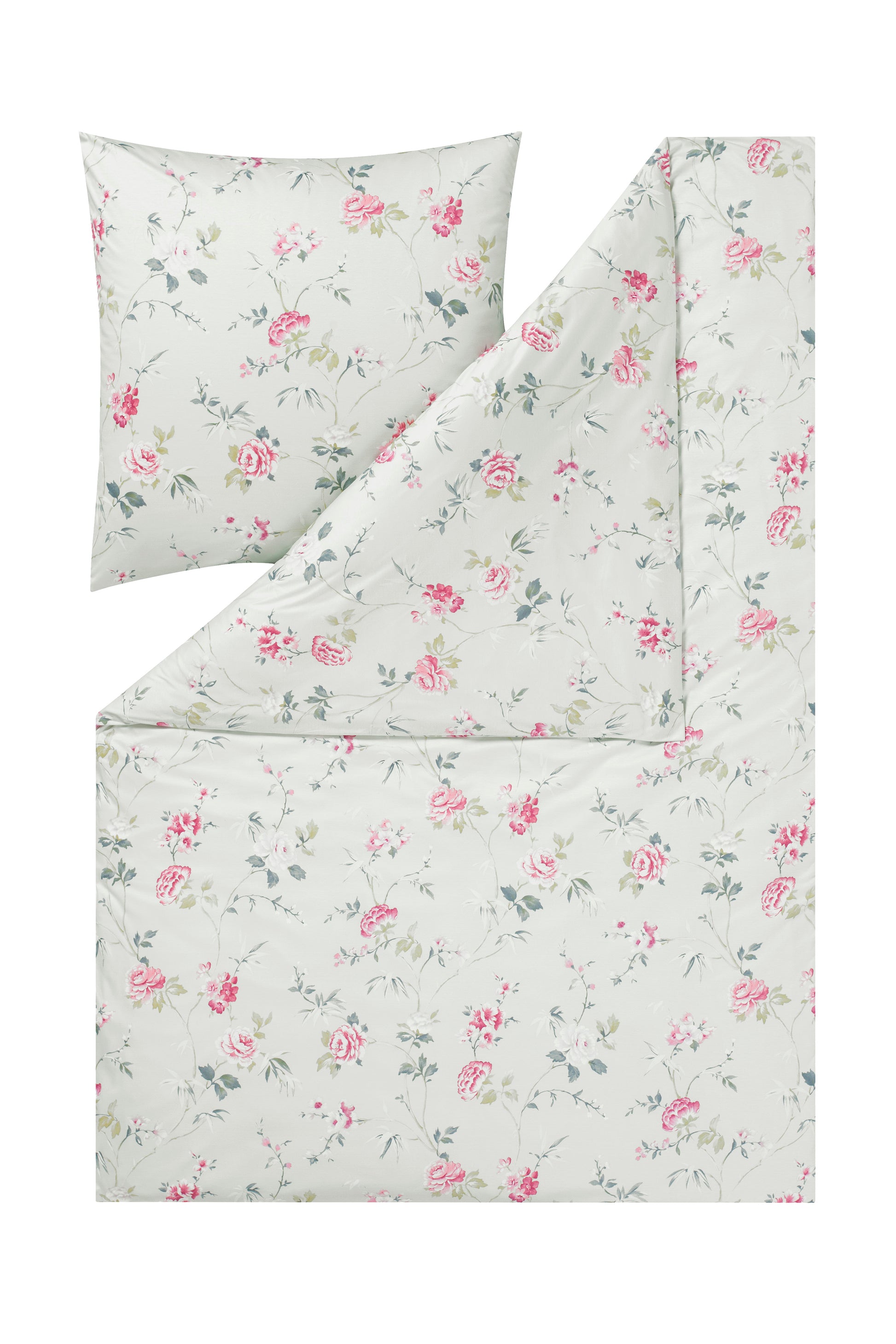 Ein Kopfkissen und eine Bettdecke bezogen mit Mako-Interlock-Jersey Bettwaesche mit einem Muster aus horizontalen Streifen in der Farbe Weiss. Modell Diantha Natur.