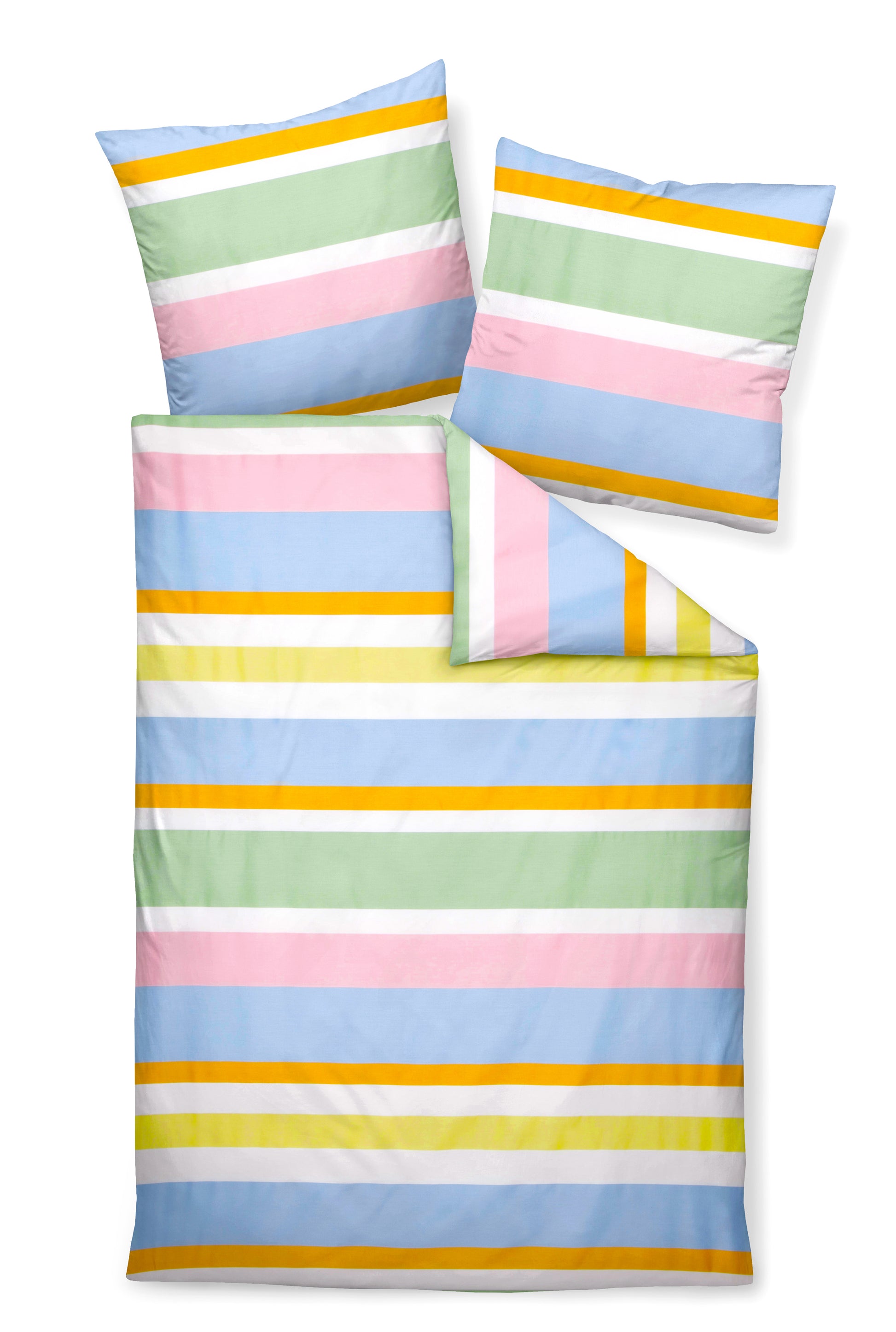 Zwei Kopfkissen und eine Bettdecke bezogen mit Mako-Satin Bettwaesche mit einem Muster aus horizontalen Streifen in der Farbe Mehrfarbig. Modell Multicolor.