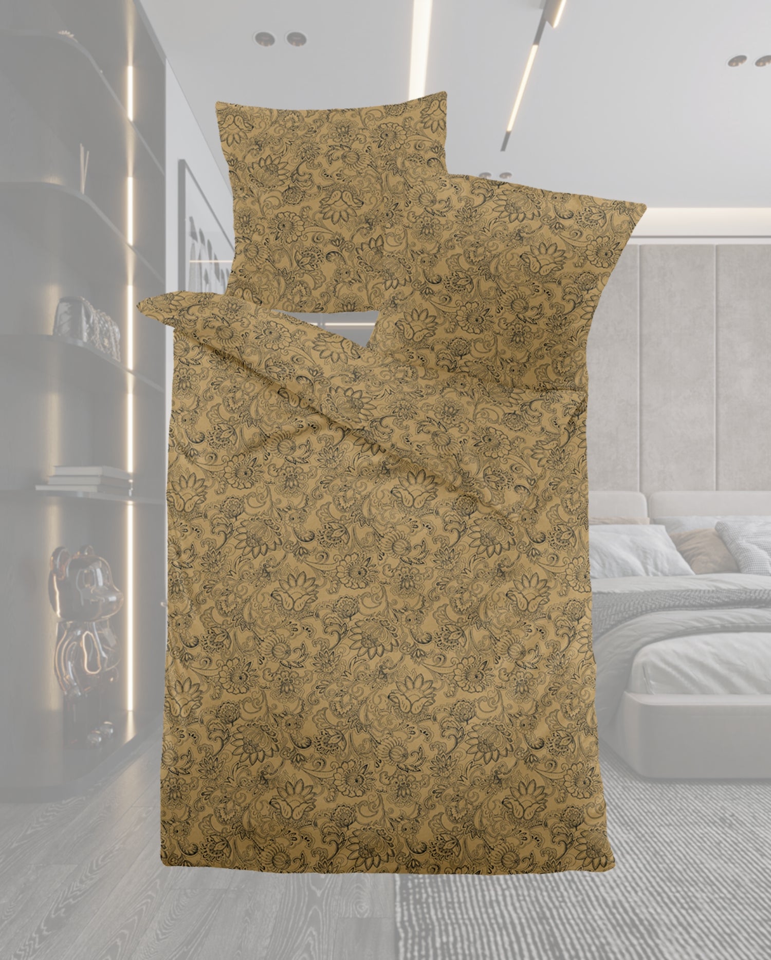 Ein Bettbezug-Set aus einem Kopfkissen und einer Bettdecke bezogen mit Melange-Flanell Bettwaesche aus 100 Prozent Baumwolle mit Muster aus Ornamenten in der Farbe Braun. Modell Heather Arabesque.