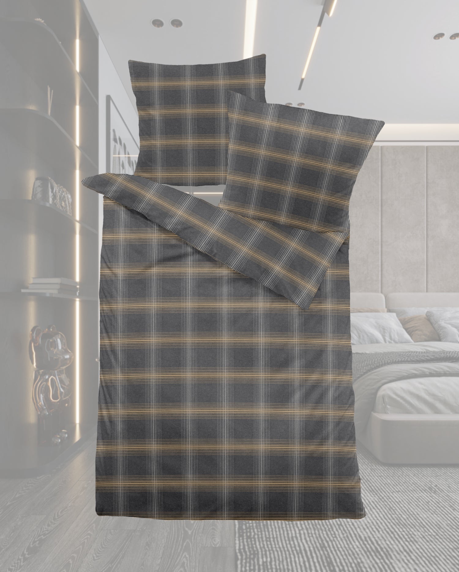Ein Bettbezug-Set aus einem Kopfkissen und einer Bettdecke bezogen mit Melange-Flanell Bettwaesche aus 100 Prozent Baumwolle mit Muster aus Karos und Streifen in der Farbe Grau. Modell Heather Highland Charme.