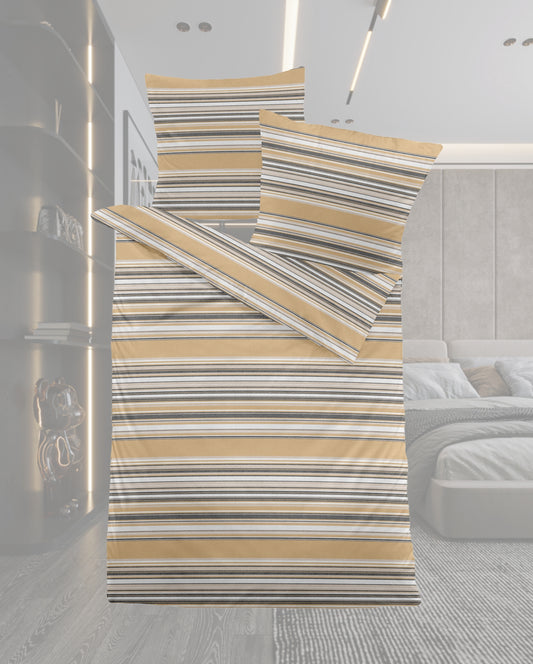 Ein Bettbezug-Set aus einem Kopfkissen und einer Bettdecke bezogen mit Melange-Flanell Bettwaesche aus 100 Prozent Baumwolle mit Muster aus horizontalen Streifen in der Farbe Gelb. Modell Heather Soft Horizon.