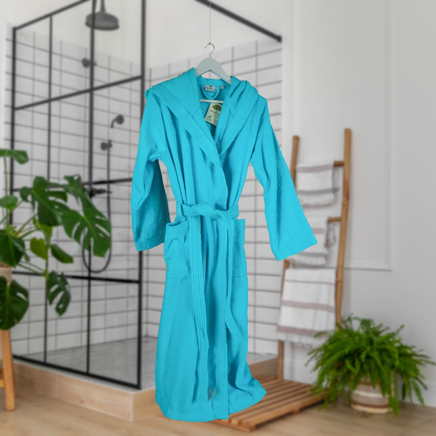 Bademantel mit Kapuze | NATURAWALK | Türkis | Bio-Baumwolle | unisex, lang