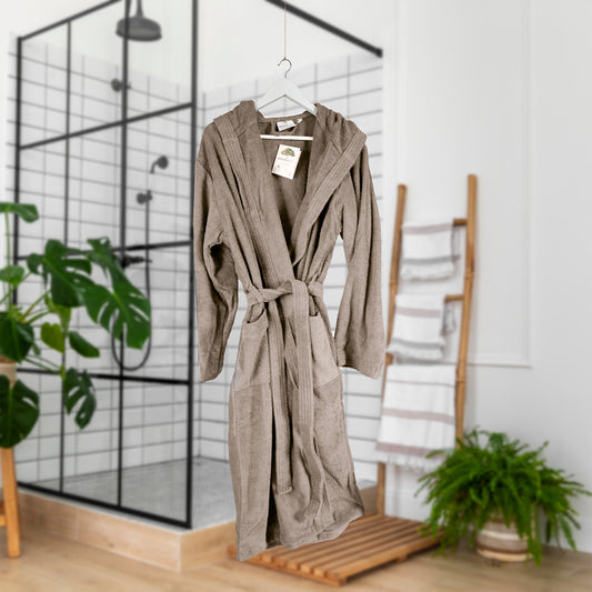 Bademantel mit Kapuze | NATURAWALK | Tan | Bio-Baumwolle | unisex, lang