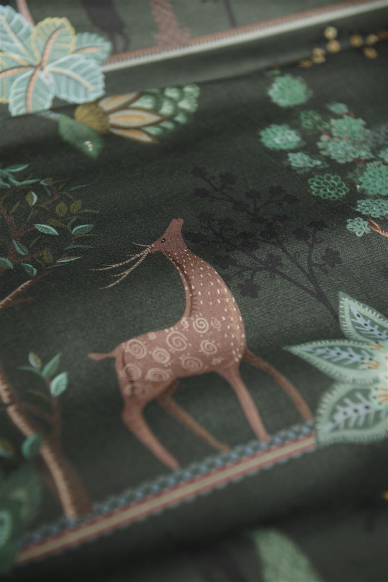Detaildarstellung der Tiere und Pflanzen der Perkal-Baumwoll Bettwaesche Modell Alberi Dunkelgruen.