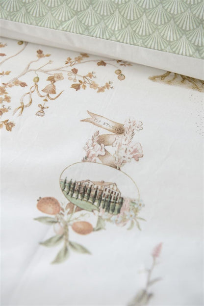 Detaildarstellung der Pflanzen der Perkal-Baumwoll Bettwaesche Modell Giardini di Frutta White.