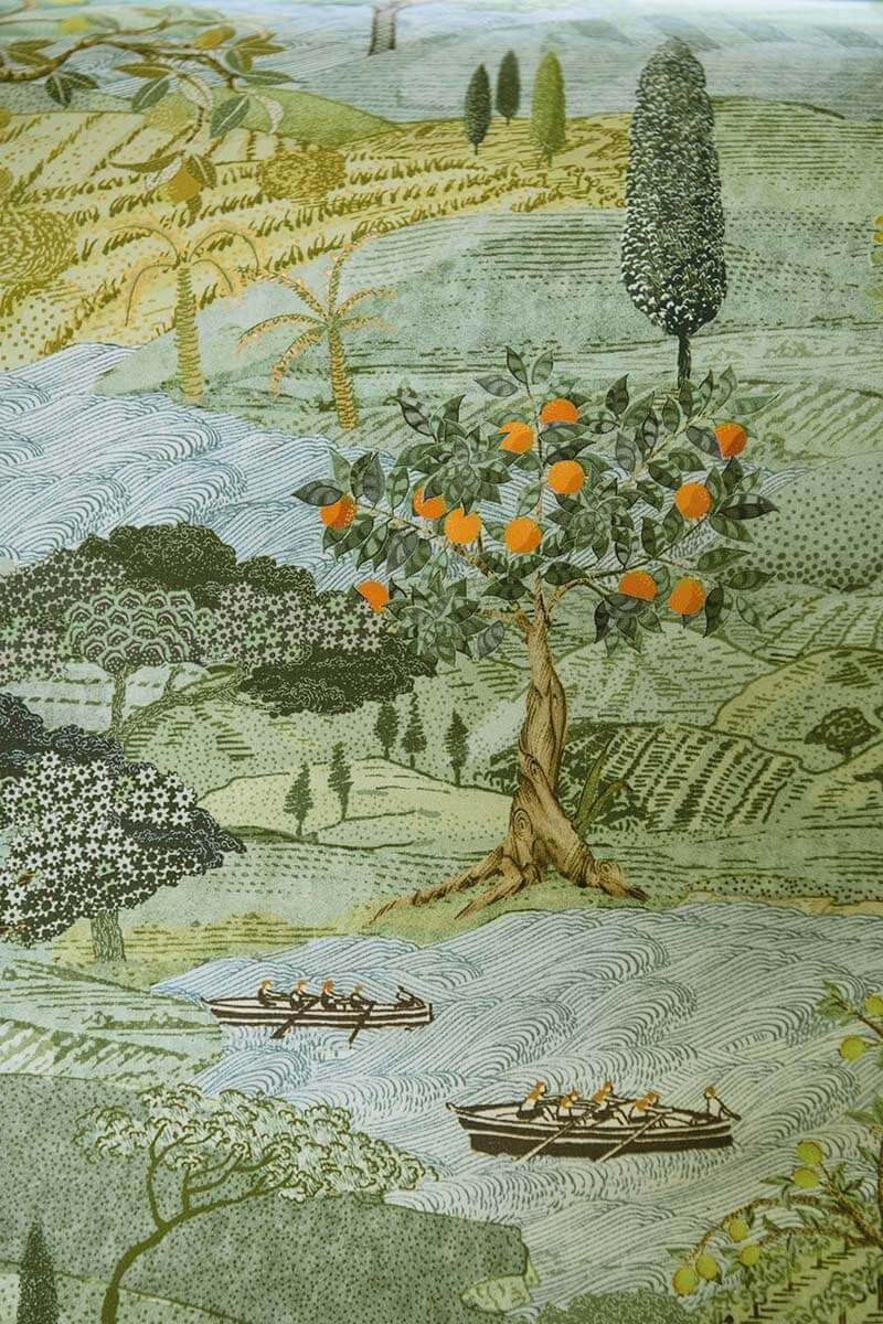 Detaildarstellung der Landschaft der Perkal-Baumwoll Bettwaesche Modell Toscana Gruen.