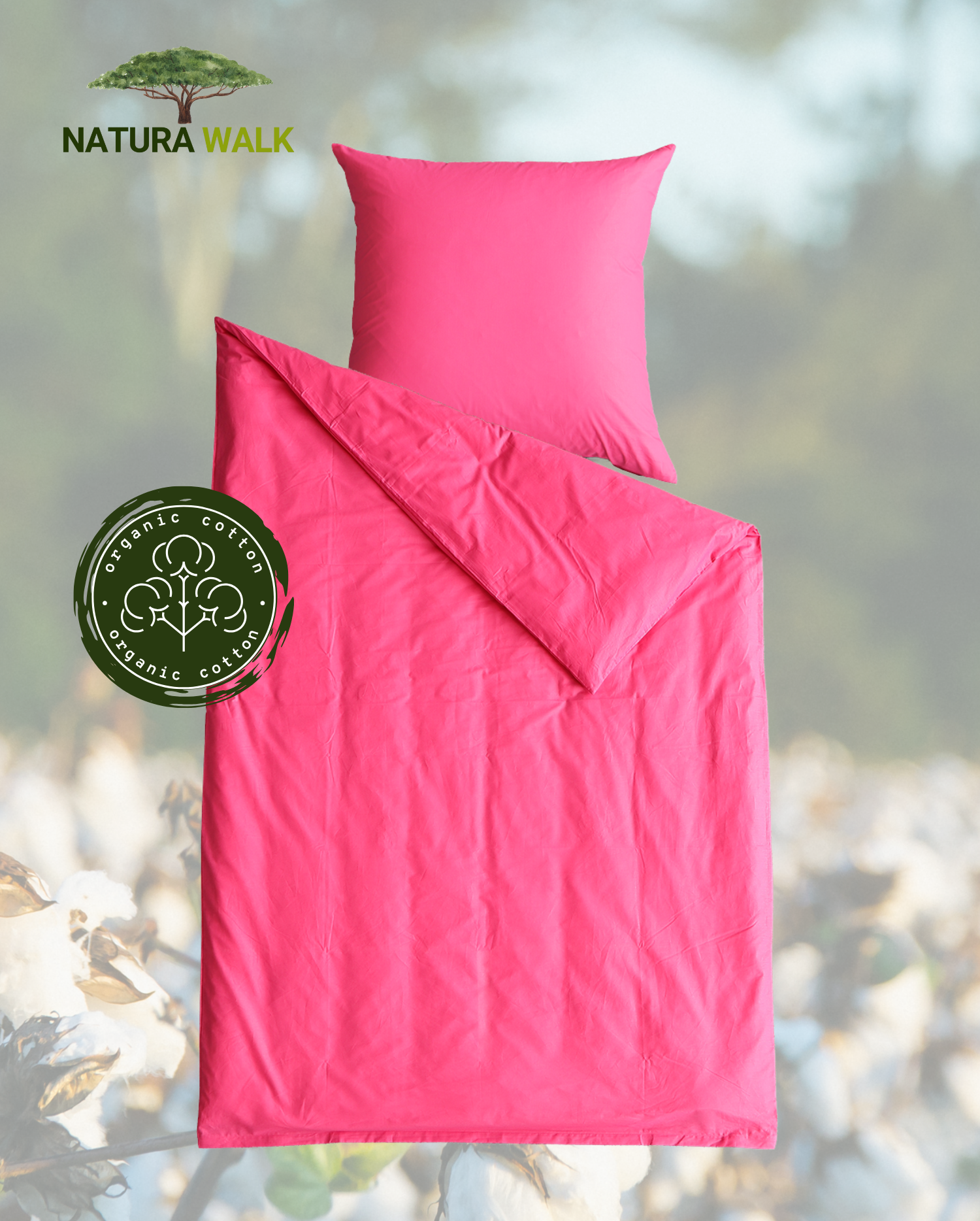 Ein Kopfkissen und eine Bettdecke bezogen mit Renforce Bettwaesche in der Farbe Pink. Modell Cassis.