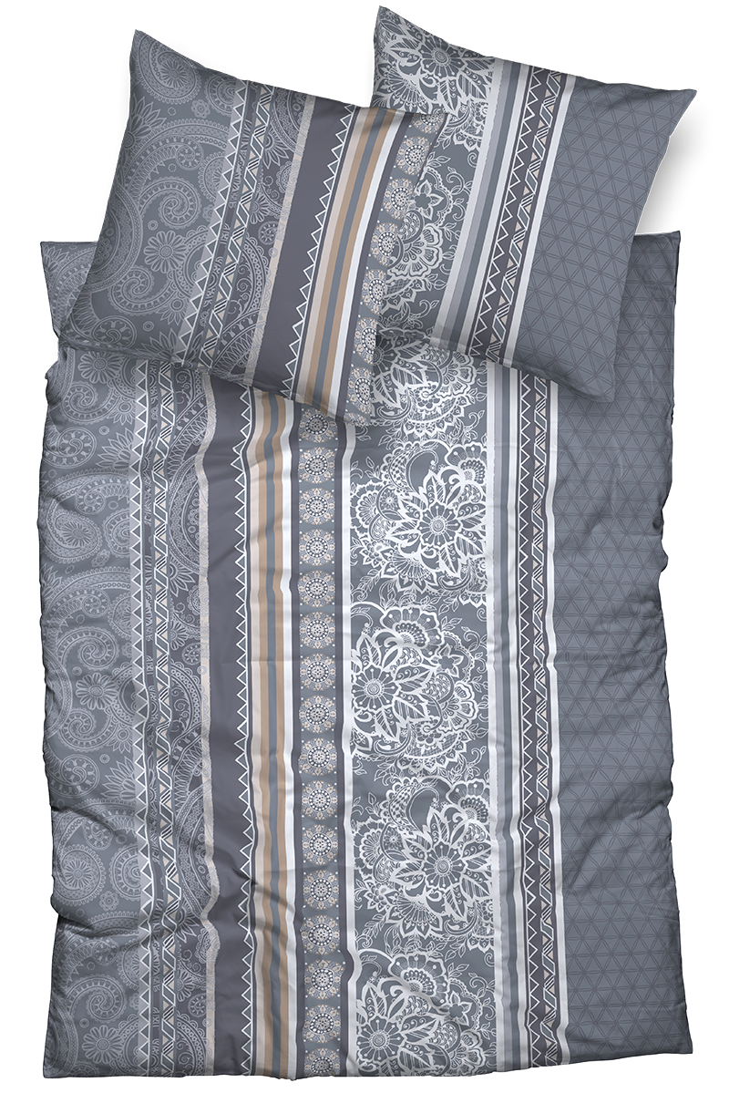 Zwei Kopfkissen und eine Bettdecke bezogen mit seidig-weicher Satin Bettwaesche aus 100 Prozent Baumwolle von Casatex einem Muster in der Farbe Grau. Modell Salamandar Grau.