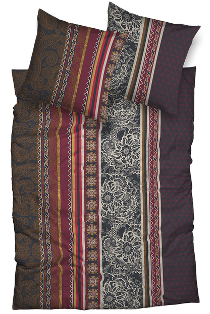 Zwei Kopfkissen und eine Bettdecke bezogen mit seidig-weicher Satin Bettwaesche aus 100 Prozent Baumwolle von Casatex einem Muster in der Farbe Bordeaux. Modell Salamandar Grau.