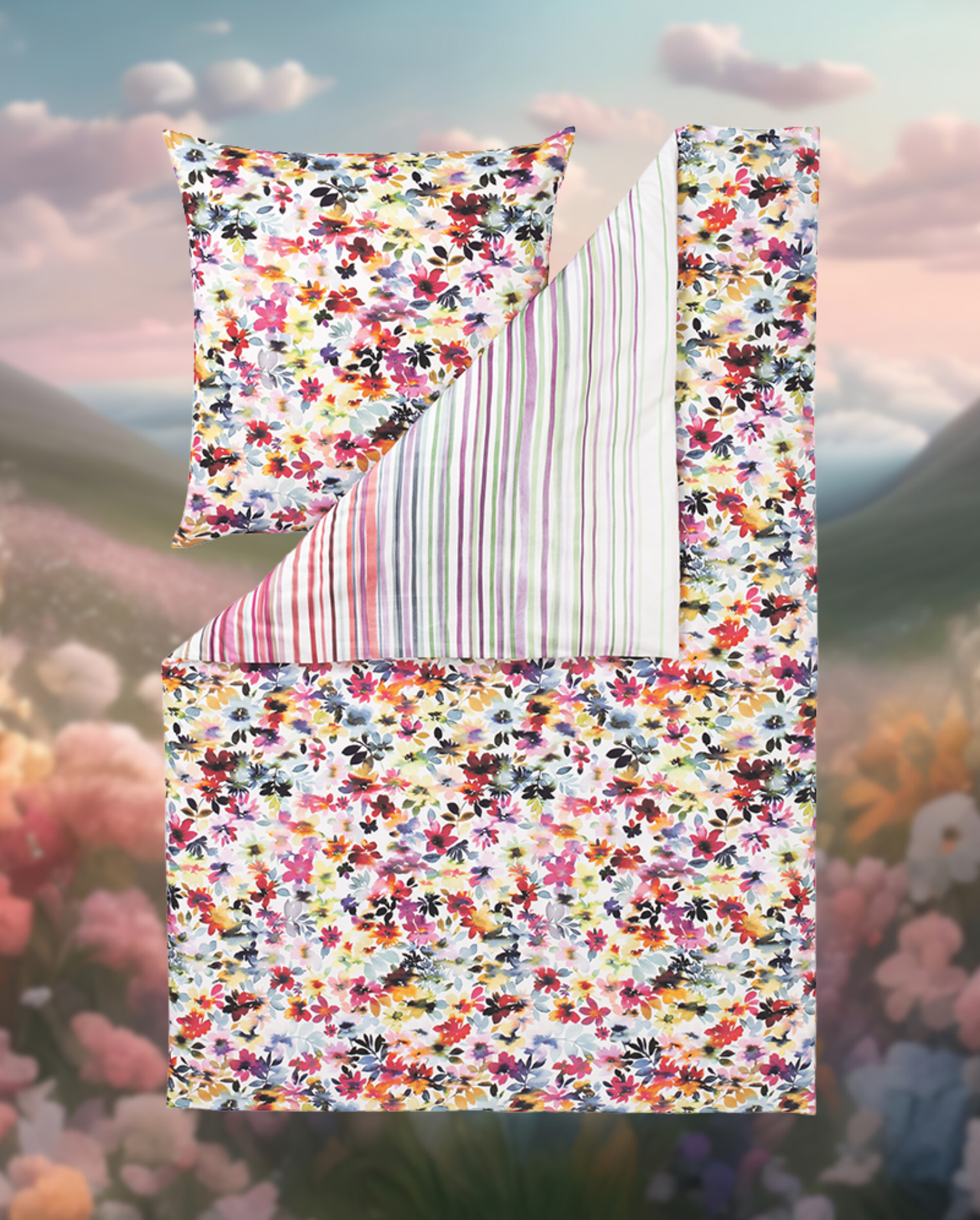 Ein Bettbezug-Set aus mehreren Kopfkissen und einer Bettdecke bezogen mit Satin Bettwaesche aus 100 Prozent Baumwolle mit Muster aus Blumen in der Farbe Mehrfarbig. Modell Mainau.