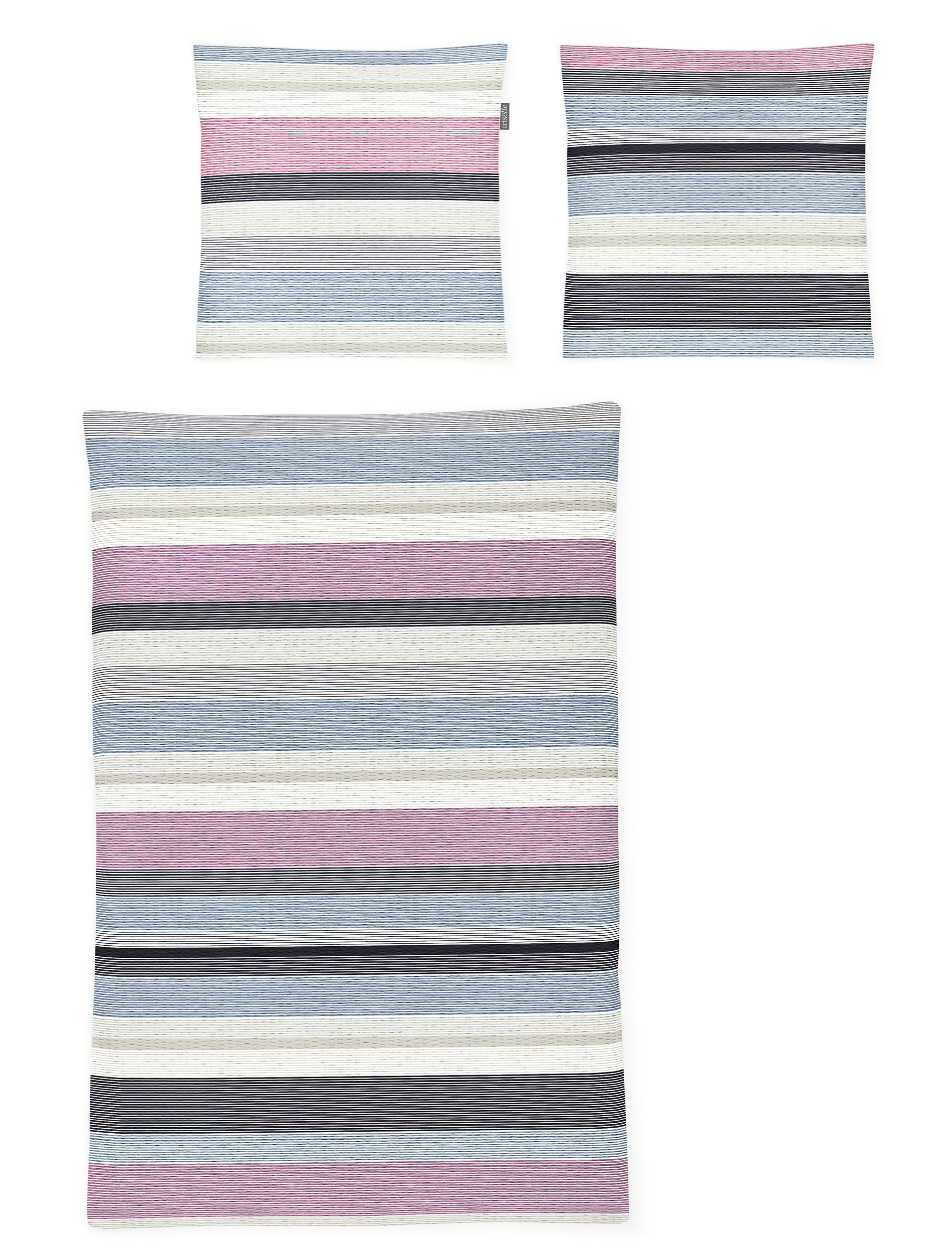 Zwei Kopfkissen und eine Bettdecke bezogen mit Soft Seersucker Bettwaesche mit einem Muster aus horizontalen Streifen in der Farbe Mehrfarbig. Modell Easy Stripes.