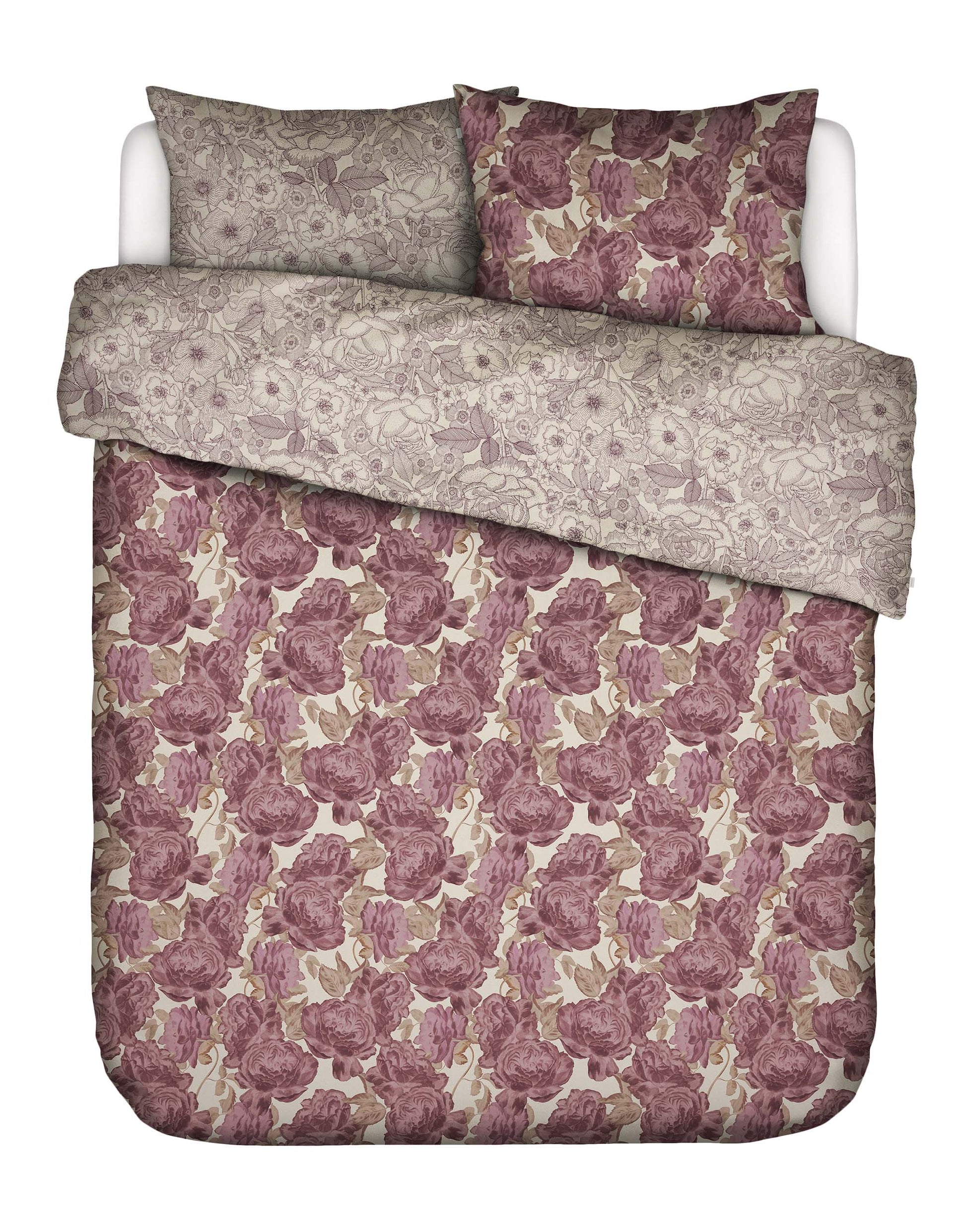 Zwei Kopfkissen und eine Bettdecke bezogen mit Twill-Baumwoll Bettwaesche von Essenza mit einem Muster aus Rosen in der Farbe Rot. Modell Bernice Beachwood White Cherry.