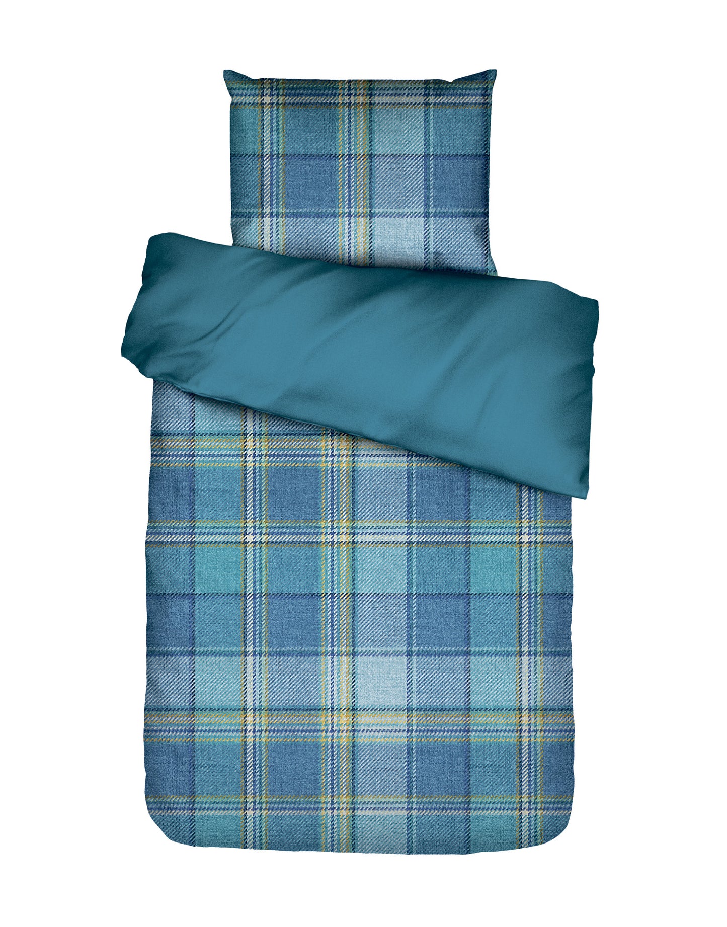 Ein Kopfkissen und eine Bettdecke bezogen mit Baumwoll-Flanell Bettwaesche von Essenza mit einem Muster aus Karos in der Farbe Y_Y. Modell Beau Blue.