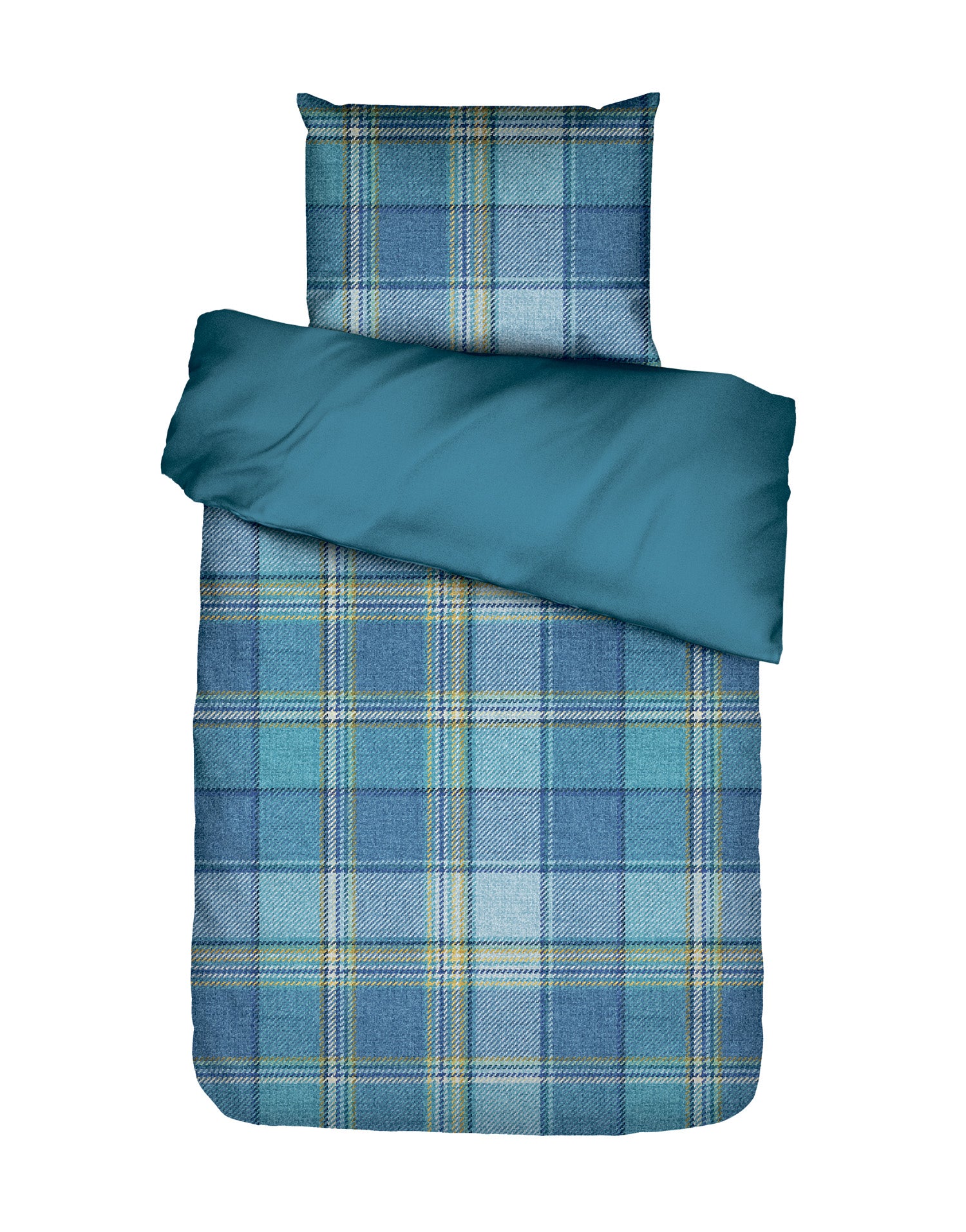 Ein Kopfkissen und eine Bettdecke bezogen mit Baumwoll-Flanell Bettwaesche von Essenza mit einem Muster aus Karos in der Farbe Y_Y. Modell Beau Blue.
