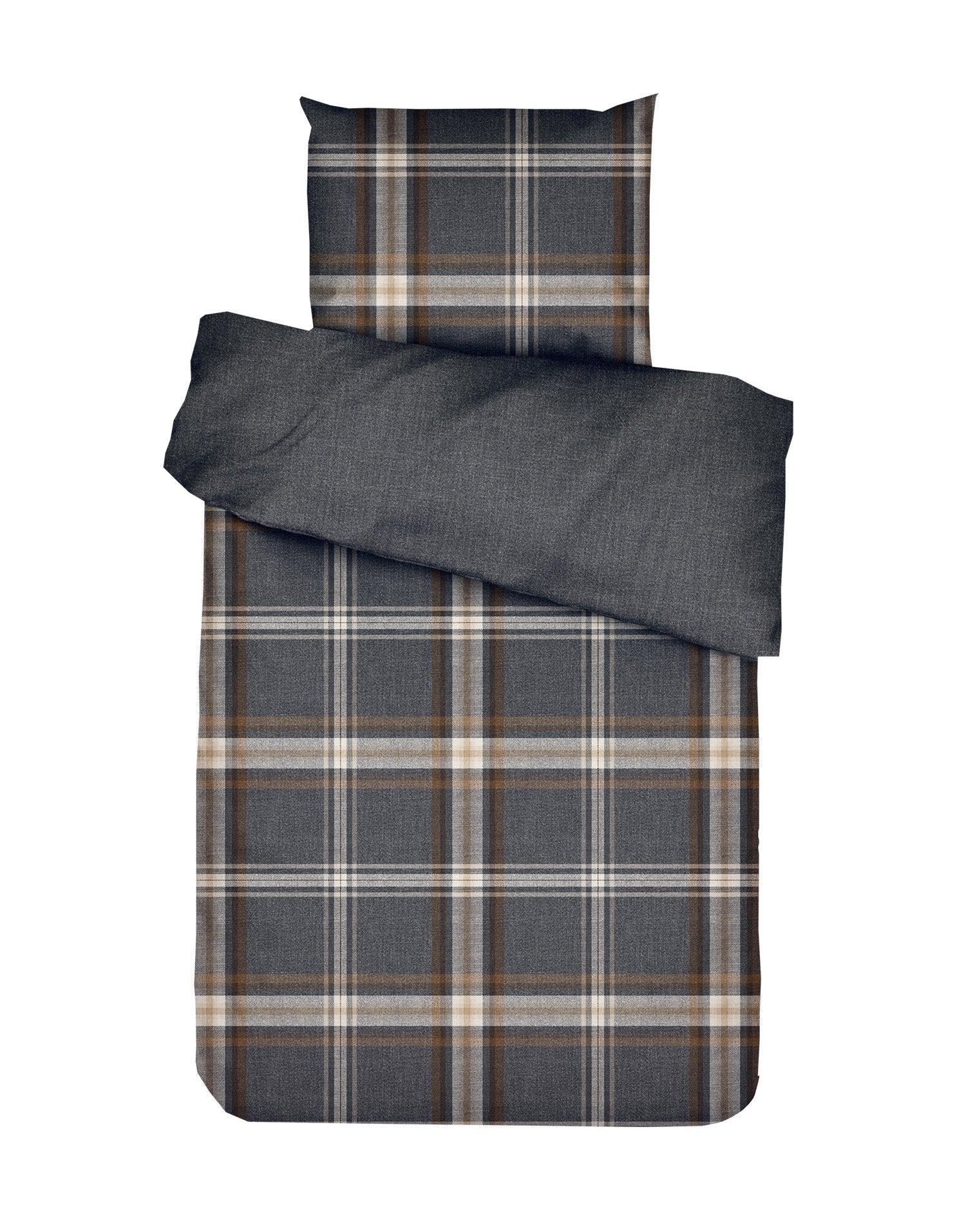 Ein Kopfkissen und eine Bettdecke bezogen mit Baumwoll-Flanell Bettwaesche von Essenza mit einem Muster aus Karos in der Farbe Grau. Modell Valentina Grey.