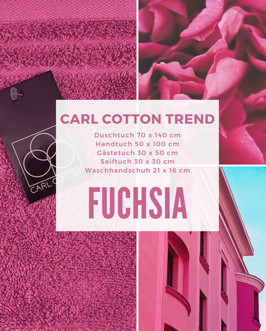 Collage aus Impressionen der Farbe Pink. Passend zum CARL COTTON Handtuch Modell Trend Fuchsia.Mit Groessenangaben 70x140cm, 50x100cm, 30x50cm, 30x30cm, 21x16cm.